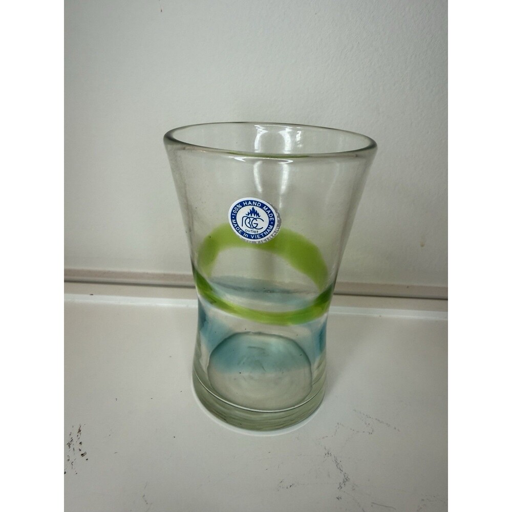 Hand Blown Art Glass Tumbler Vase Green Blue Swirl Vietnam 4.5” Handmade